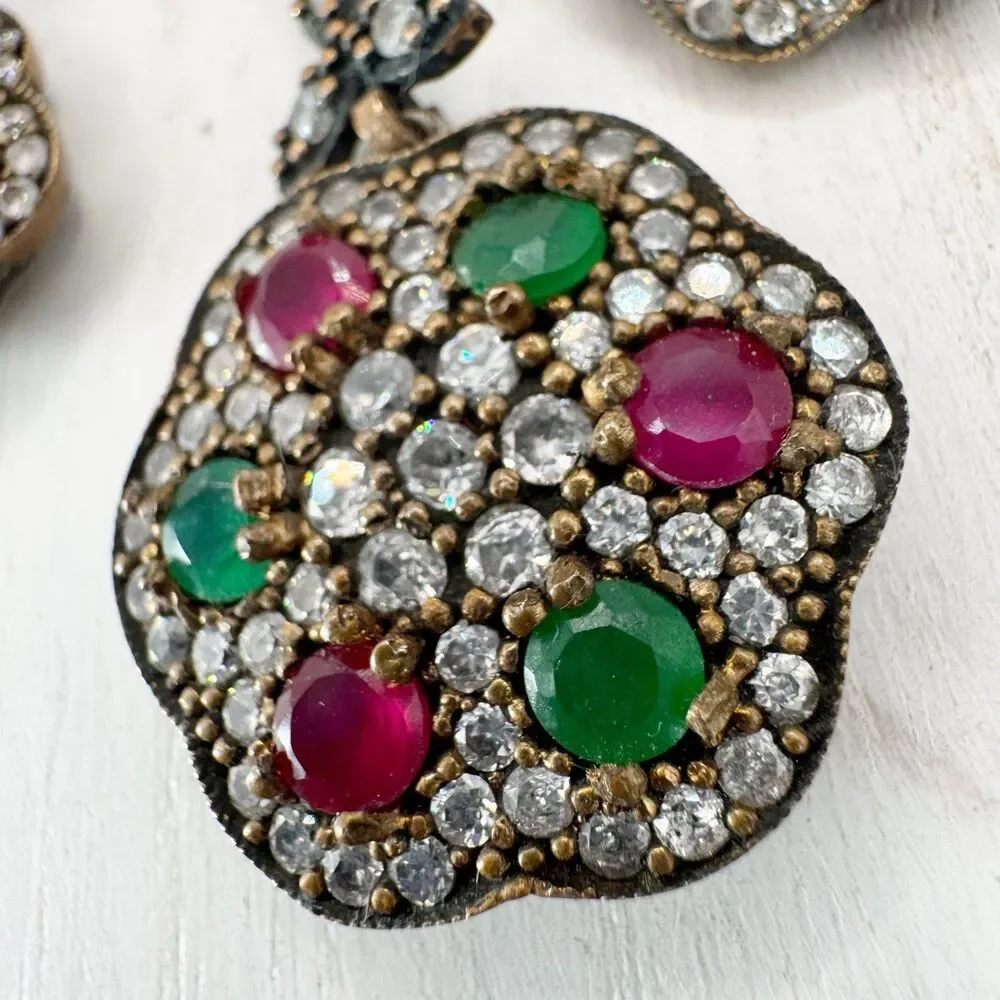 Ruby And Emerald Sterling Silver And Brass Turkish Flower Earrings And Pendant